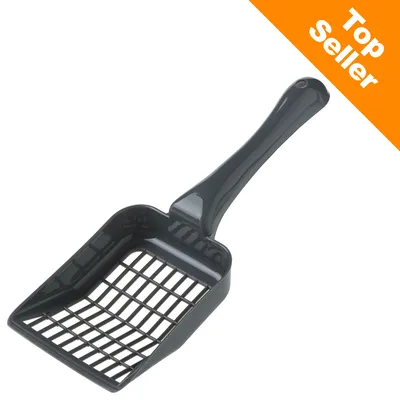 Sort plast-skovl med gitter, synlig tekst: Top Seller i orange hjørne. Skovlen har langt håndtag og firkantet hoved med åbne riller. Sort plast-skovl med gitter, synlig tekst: Top Seller i orange hjørne. Skovlen har langt håndtag og firkantet hoved med åbne riller.