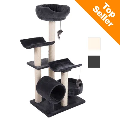 Škrabadlo pre mačky s viacerými úrovňami, tunelom, pelieškom a zavesenou hračkou. Farby: tmavosivá, béžová. Označenie Top Seller v pravom hornom rohu.