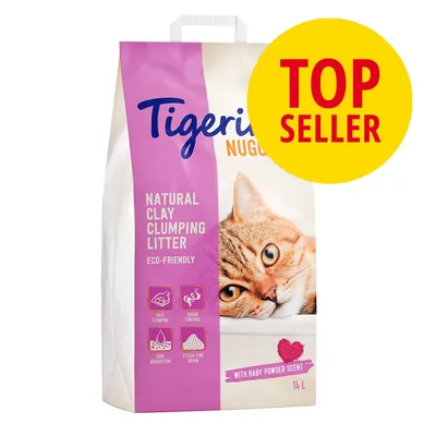 Tigerino Natural Clay Clumping Litter, eco-friendly, 14 l, vůně dětského pudru, TOP SELLER. Ikony: rychlé hrudkování, kontrola zápachu, vysoká absorpce, extra jemné zrno.