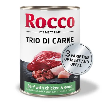 Rocco Trio di Carne, lata de 400g. Vacuno con pollo y ciervo. Tres tipos de carne y despojos.