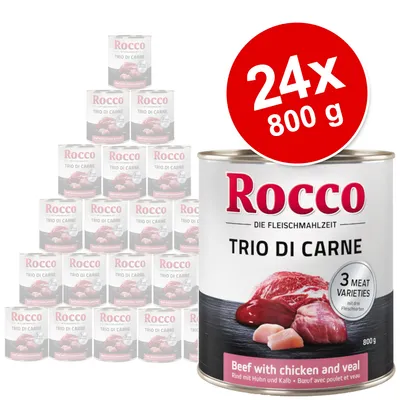 Rocco Trio di Carne, 24×800 g konzerv. Na etiketě: 3 Meat Varieties, Beef with chicken and veal. Zobrazeny kusy masa a nápisy v angličtině i němčině.