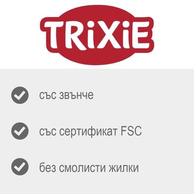 Дървена играчка с цилиндрична форма и вградена златиста камбанка, подходяща за домашни любимци за игра.