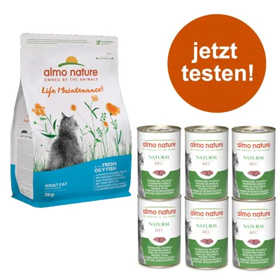 Almo Nature -sekoitus: kuivaruoka 2 kg + märkäruoka 6 x 70/140 g - 2 kg Holistic Oily Fish & Rice + 6 x 140 g Classic, Tyynenmeren tonnikala