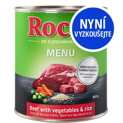 Konzerva Rocco MENU, Beef with vegetables & rice, 800 g. Nápis: NYNÍ VYZKOUŠEJTE. Enriched with carbohydrates. Zobrazené maso, hrášek, mrkev a rýže.