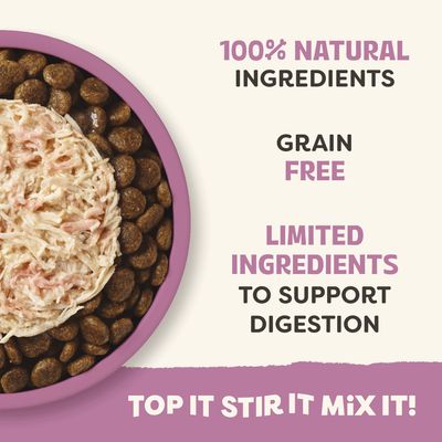 100 % naturliga ingredienser, spannmålsfritt, begränsat antal ingredienser för att stödja matsmältningen. Toppa, rör om, blanda!