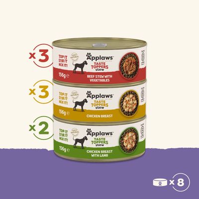 3x Applaws Taste Toppers goveji ragu z zelenjavo, 3x piščančje prsi, 2x piščančje prsi z jagnjetino, vsaka pločevinka, 156 g. Skupaj prikazanih 8 pločevink.