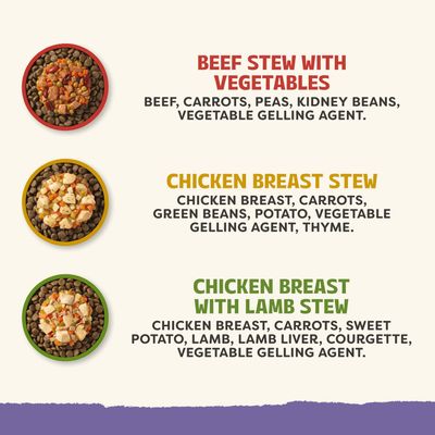 Seznami sestavin za tri vrste: Beef Stew z zelenjavo, Chicken Breast Stew in Chicken Breast z jagnjetino Stew. Vsebujejoče sestavine so navedene v angleščini.