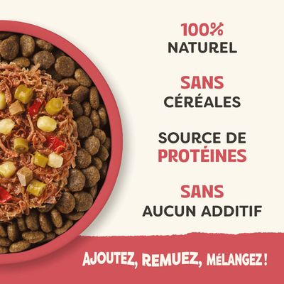 100 % naturel, sans céréales, source de protéines, sans additifs. Ajoutez, remuez, mélangez !