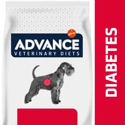 Pachet Advance Veterinary Diets affinity, imagine cu câine și text vizibil DIABETES pe fundal roșu. Pachet Advance Veterinary Diets affinity, imagine cu câine și text vizibil DIABETES pe fundal roșu.
