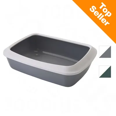 Bac à litière rectangulaire en plastique gris avec rebord blanc, mention Top Seller visible en haut à droite, deux options de couleur affichées.