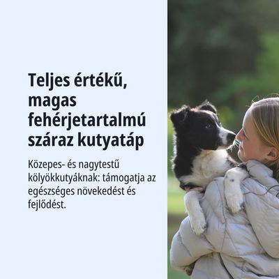 Teljes értékű, fehérjében gazdag száraztáp közepes és nagytestű kölyökkutyáknak, támogatja az egészséges növekedést és fejlődést.
