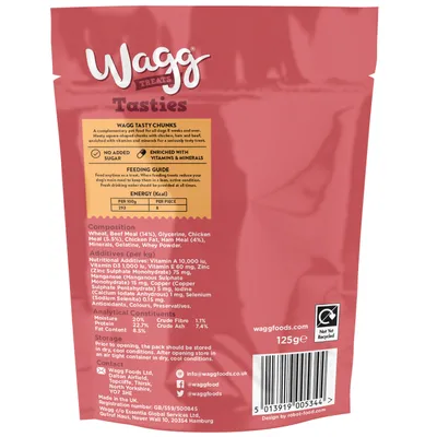 Back of Wagg Tasties pack showing ingredients, additives, feeding guide, energy content per 100g and per piece, storage instructions, and not yet recycled symbol.