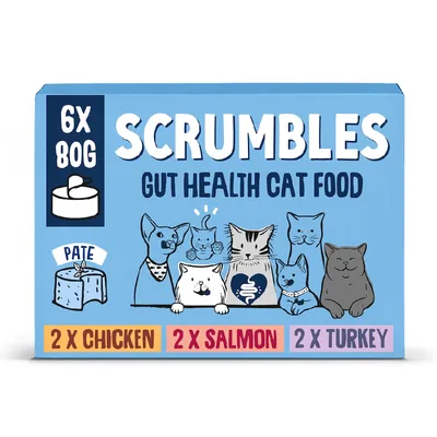 Scrumbles gut friendly cat food, complete wet food for cats. Contains 2 chicken, 2 salmon, 2 turkey pouches. Pâté texture. Pack size: 6 x 80g.
