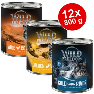 Wild Freedom Nassfutter für Katzen, Sorten: Wide Country (Huhn), Golden Valley (Huhn mit Kaninchen), Cold River (Huhn mit Seelachs), Packungsgrösse: 12x800g, 100% getreidefreie Rezeptur.