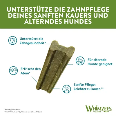 Texte en allemand : soutient l’hygiène dentaire, rafraîchit l’haleine, adapté aux chiens âgés (+7 ans), soin doux facile à mâcher. Marque visible : Whimzees Wellness.