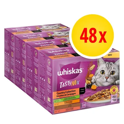 Whiskas TastyMix Country Collection, 48 x saszetek. Na opakowaniu zdjęcie kota i miski z karmą. Widoczny napis: Recettes de Campagne, in Sauce, NEU.