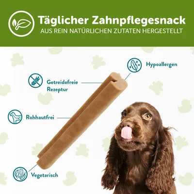 Texte en allemand : Täglicher Zahnpflegesnack, aus rein natürlichen Zutaten hergestellt. Getreidefreie Rezeptur, Rohhautfrei, Vegetarisch, Hypoallergen. Chien marron à droite.