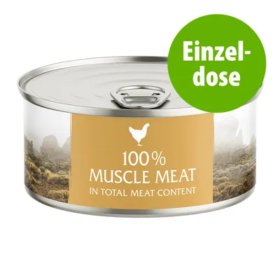 Einzeldose mit Aufschrift: 100% Muscle Meat in total meat content, Huhn-Symbol auf gelbem Etikett Einzeldose mit Aufschrift: 100% Muscle Meat in total meat content, Huhn-Symbol auf gelbem Etikett