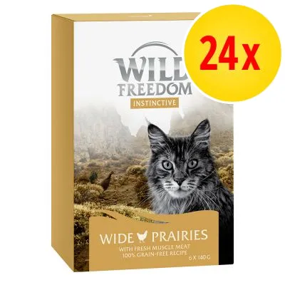 Wild Freedom Instinctive Wide Prairies, 24x. Text: With fresh muscle meat, 100% grain-free recipe, 6 x 140 g. Bild på katt på förpackningen.
