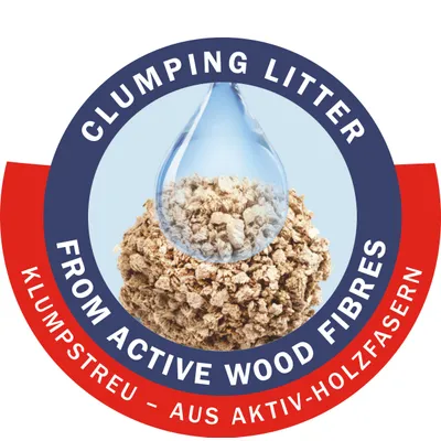 Texto em inglês: Clumping litter from active wood fibres. Texto em alemão: Klumpstreu – aus aktiv-holzfasern. Imagem de granulado com uma gota de água por cima.