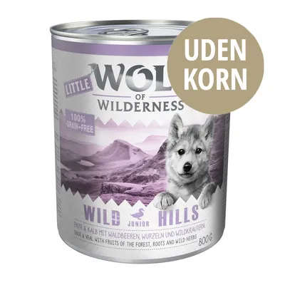 Wolf of Wilderness Little Wild Hills dåse 800 g, UDEN KORN, 100% grain-free, and tekst: Ente & Kalb mit Waldbeeren, Wurzeln und Wildkräutern. Junior. Wild Hills.