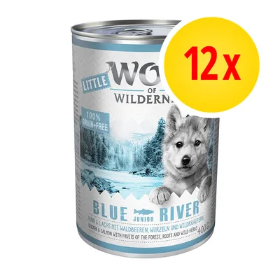 Little Wolf of Wilderness Blue River Junior, 100% grain-free, kana & lohi, 400 g purkki. Pakkaus sisältää 12 x 400 g.
