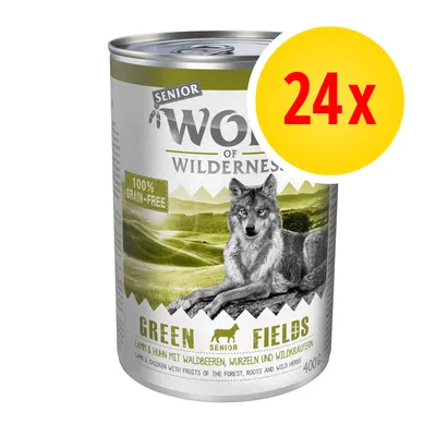 Lot de 24 boîtes Wolf of Wilderness Senior Green Fields, 400 g, agneau et poulet, 100 % grain-free, illustration de loup sur l’emballage.