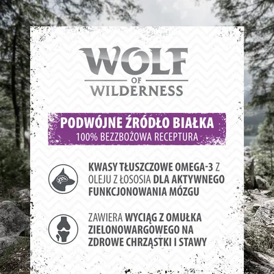 Wolf of Wilderness. Podwójne źródło białka, 100% bezzbożowa receptura. Kwasy tłuszczowe omega-3 z oleju z łososia dla aktywnego funkcjonowania mózgu. Wyciąg z omułka na chrząstki i stawy.