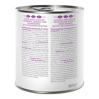 Lattina con etichetta: Frische Ente & Kalb con frutti di bosco, radici ed erbe selvatiche. Ricetta 100% senza cereali. Alimento completo per cani anziani da 7 anni. Peso netto: 800g.