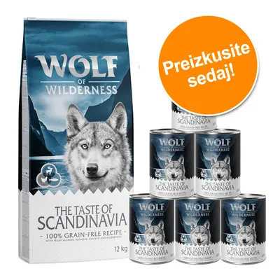 Wolf of Wilderness The Taste of Scandinavia, 12 kg suha hrana in 6 konzerv. Na oranžnem krogu besedilo: Preizkusite sedaj!