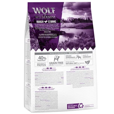Wolf of Wilderness Rough Storms. 40% čerstvého masa, bezobilná receptura, druhově vhodná výživa, vyrobeno v Německu, inspirováno přirozenou stravou vlků.