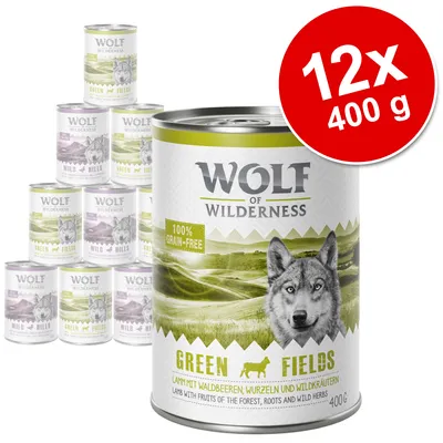 Wolf of Wilderness Green Fields, 12 latas de 400 g. Texto visível: 100% grain-free, Green Fields, 400 g, lamb with fruits of the forest, roots and wild herbs.