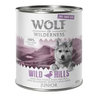 Výhodné balení Wolf of Wilderness "Free-Range Meat" Junior 12 x 800 g - Junior Wild Hills - kachní a telecí