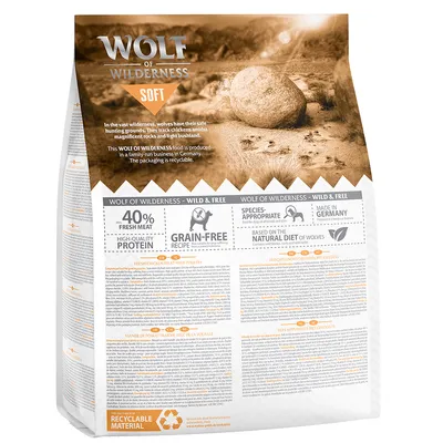 Wolf of Wilderness Soft krmivo pro psy, 40 % čerstvého masa, bezobilná receptura, druhově vhodná výživa, vyrobeno v Německu, obal z recyklovatelného materiálu.