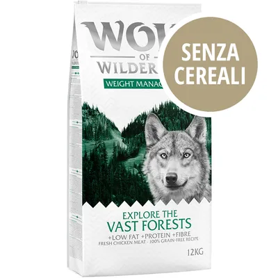 Wolf of Wilderness Weight Management Explore the Vast Forests, senza cereali, low fat, protein, fibre, fresh chicken meat, 100% grain-free recipe, confezione da 12 kg