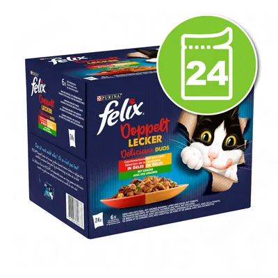 Boîte de 24 sachets Felix Doppelt Lecker Délicieux Duos, Purina. Texte en allemand et français, image d’un chat noir et blanc et d’une assiette de nourriture pour chat.