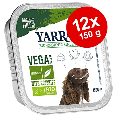 Yarrah Bio-Organic Vega med grøntsager og hyben, grain free, 12x150 g. Tekst: pure food, care for animals, with rosehips, BIO ORGANIC. Billede af hund på emballagen.