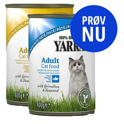 Yarrah Adult Cat food, 100% bio, med spirulina og tang, dåse 400 g. Blå cirkel med teksten PRØV NU.