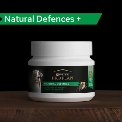 Embalagem de suplemento Purina Pro Plan Natural Defences+, texto visível: 'Helps support immunity, Renforce l’immunité', imagem de cão na rotulagem.