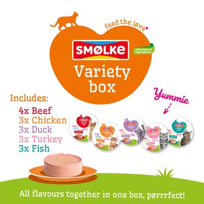Smølke Variety Box cu 4x vită, 3x pui, 3x rață, 3x curcan, 3x pește. Toate sortimentele împreună într-o singură cutie. Cu ingrediente naturale.
