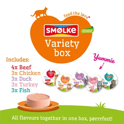 Smølke Variety Box с 4x говеждо, 3x пиле, 3x патица, 3x пуйка, 3x риба. Всички видове заедно в една кутия. С натурални добавки.