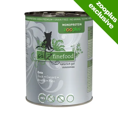 catz finefood Duck, Monoprotein, zooplus exclusive, high premium, grain free, no animal testing, no added sugar, 98% meat, text in German and English on tin catz finefood Duck, Monoprotein, zooplus exclusive, high premium, grain free, no animal testing, no added sugar, 98% meat, text in German and English on tin
