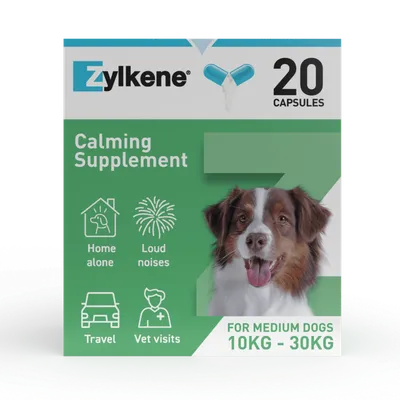 Zylkene Calming Supplement, 20 capsules. For medium-sized dogs, 10kg–30kg. Notes: Home alone, Loud noises, Travel, Vet visits. Zylkene Calming Supplement, 20 capsules. For medium-sized dogs, 10kg–30kg. Notes: Home alone, Loud noises, Travel, Vet visits.