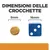 Dimensioni delle crocchette: confronto tra una crocchetta da 9 mm e un dado blu da 16 mm. Testo visibile: 'DIMENSIONI DELLE CROCCHETTE', '9 mm', '16 mm'.