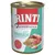Scatola di alimento per cani Rinti Kennerfleisch mit Pansen, getreidefrei. Immagini di carne e trippa sulla confezione. Testo in tedesco visibile.