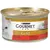 Purina Gourmet Gold lattina di cibo per gatti con manzo, confezione dorata, immagine di un gatto bianco e cibo servito su un piatto.