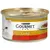 Purina Gourmet Gold консервa с говядиной, изображение белой кошки и поданного мяса на тарелке.