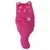Pink plush toy in the shape of a cat with embroidered face and silver heart motif.