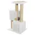 Cat tree made of white wood with sisal-wrapped posts, rope toy, and padded top lying surface.