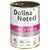 Conservă Dolina Noteci Premium, bogată în curcan (w indyka), ingrediente vizibile: orez brun, busuioc, morcov, ulei de in. Text polonez pe ambalaj.